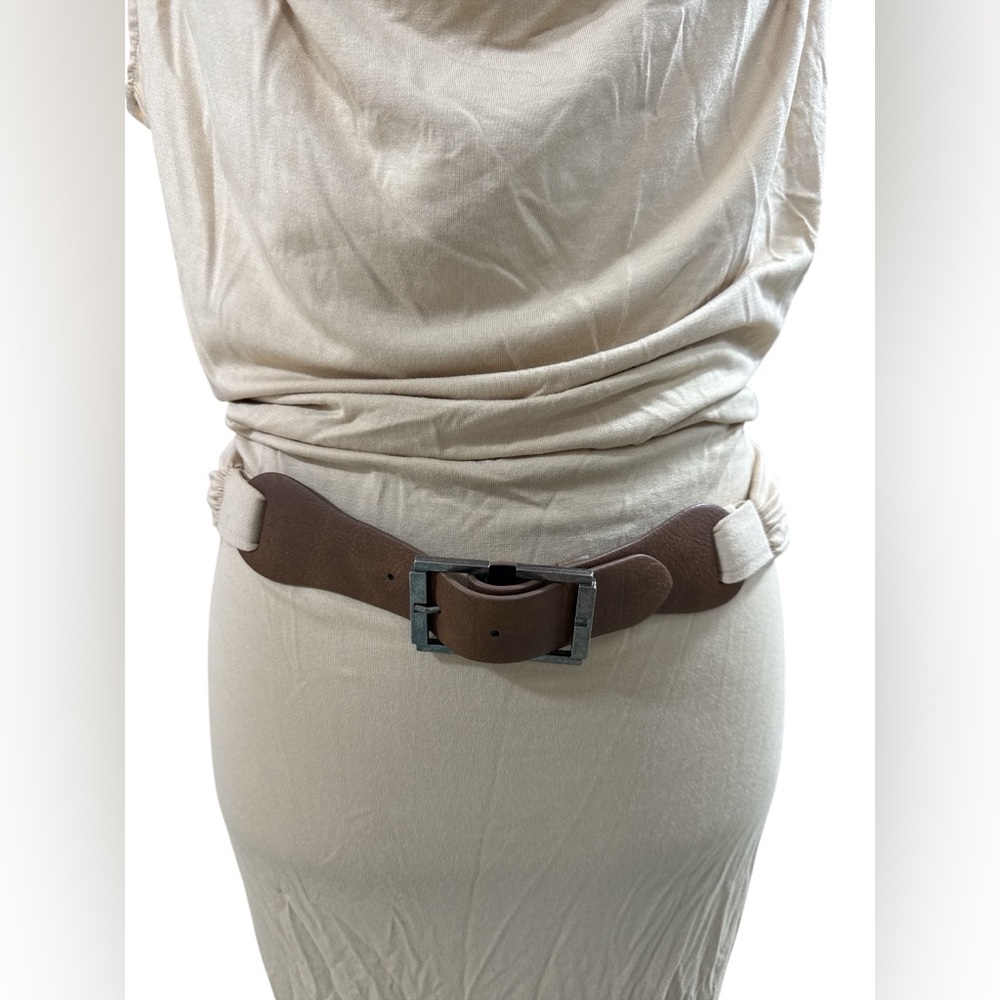 Boston Proper Draped Cowl Neck Ruched Sheath‎ Dress Belted Beige Size 2 Resort - Picture 4 of 11